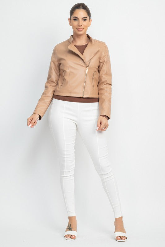 Women's Faux Leather Zippered Moto Jacket