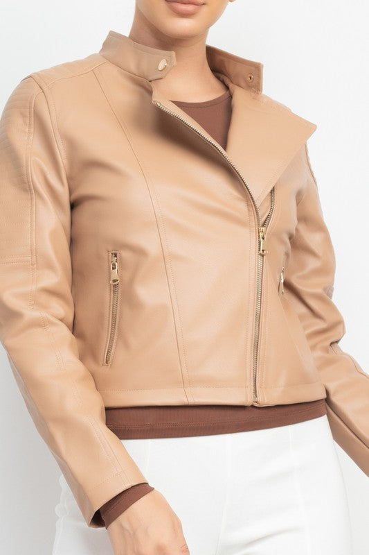 Women's Faux Leather Zippered Moto Jacket