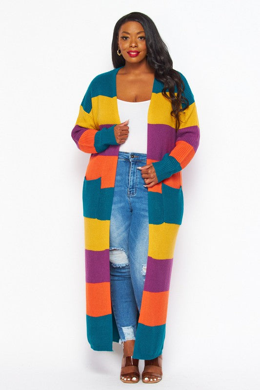 Plus Size Striped Maxi Cardigan Sweater