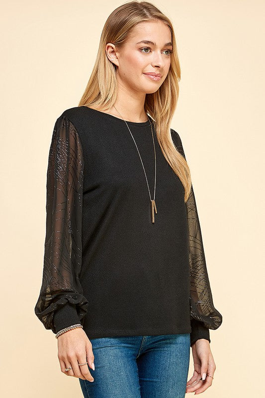 Glitter Chiffon Print Crew Neck Knit