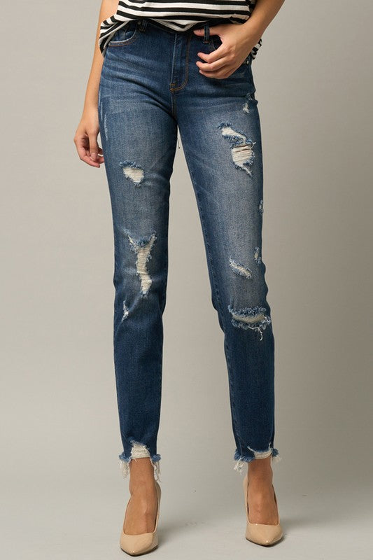 Distressed Slim Girlfriend Jeans