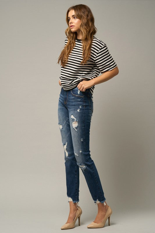 Distressed Slim Girlfriend Jeans