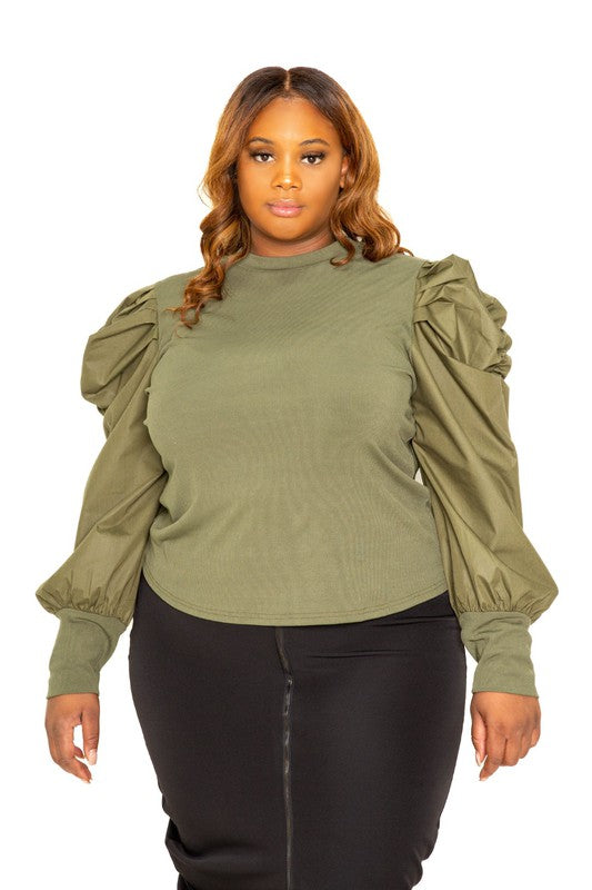 Plus Size Ribbed Top with Ruched Poplin Sleeves