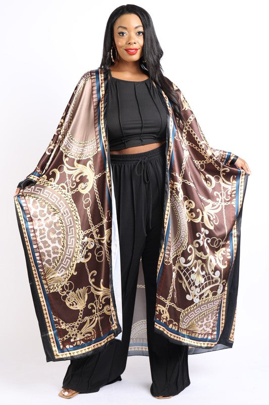 Printed satin maxi kimono