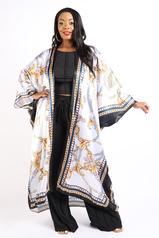 Printed satin maxi kimono