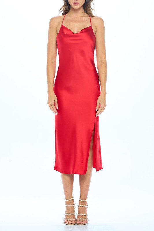 Women's Red Satin Bias Slip Dress with Side Slit