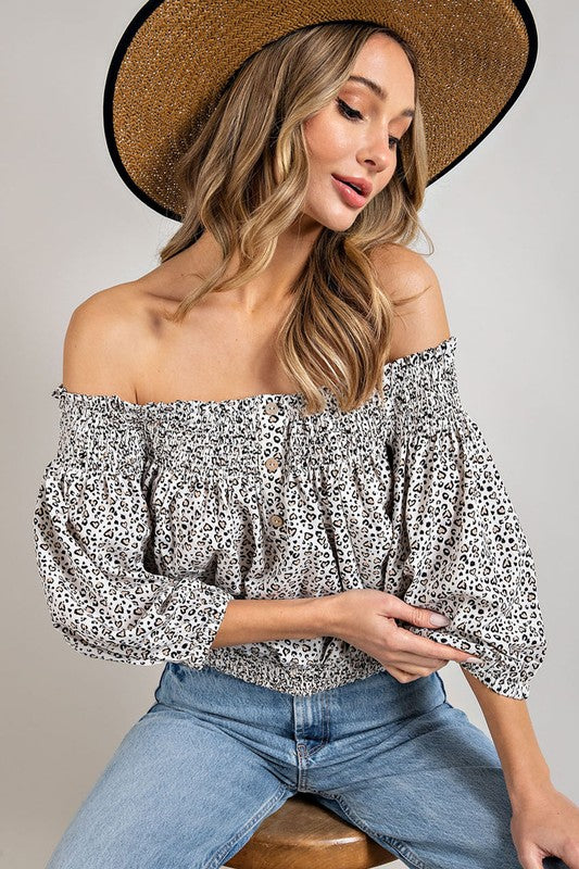 Women's Animal Print Smocked Off the Shoulder Top