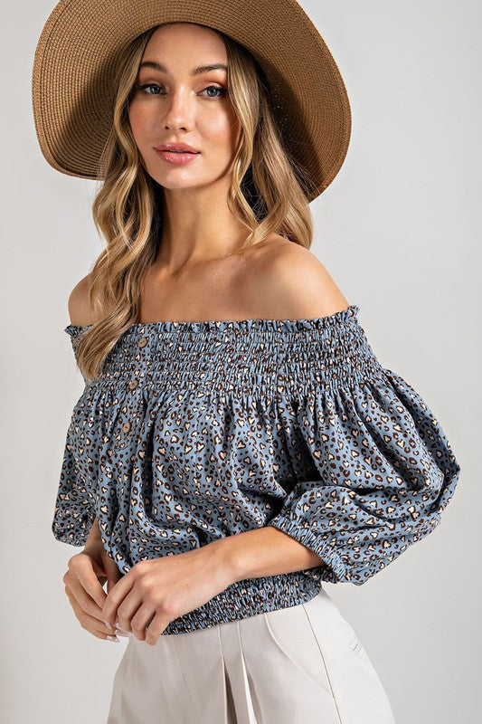 Women's Animal Print Smocked Off the Shoulder Top