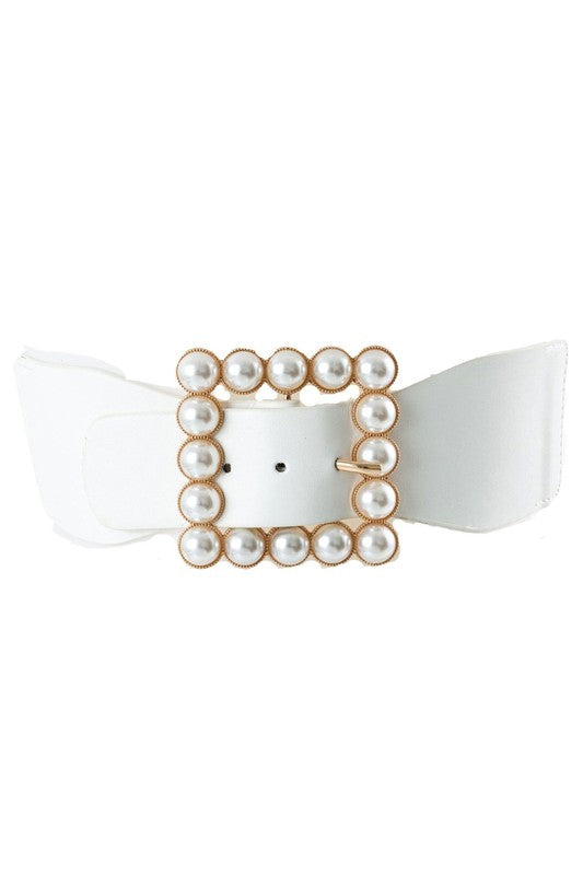 Oversized Pearls Deco Square PU Stretch Belt