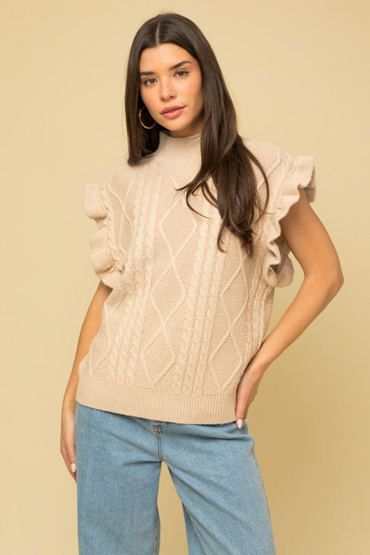Women's Cable Knit Ruffle Sweater Vest
