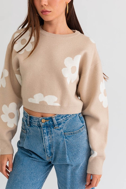 Long Sleeve Crop Sweater with Daisy Pattern