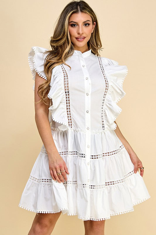 White Cotton Button Down Lace Ruffled Dress