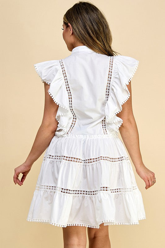 White Cotton Button Down Lace Ruffled Dress