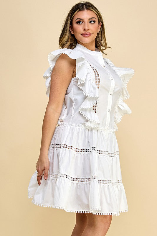 White Cotton Button Down Lace Ruffled Dress