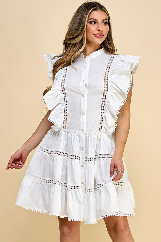 White Cotton Button Down Lace Ruffled Dress