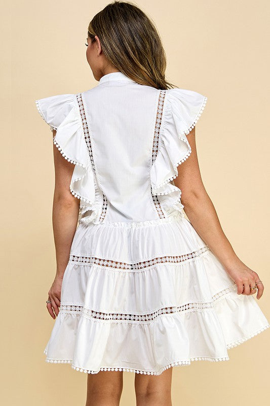 White Cotton Button Down Lace Ruffled Dress