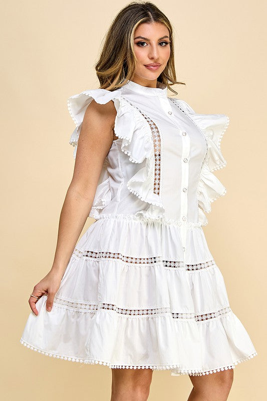 White Cotton Button Down Lace Ruffled Dress