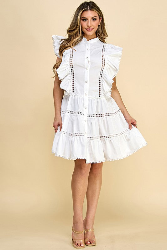 White Cotton Button Down Lace Ruffled Dress