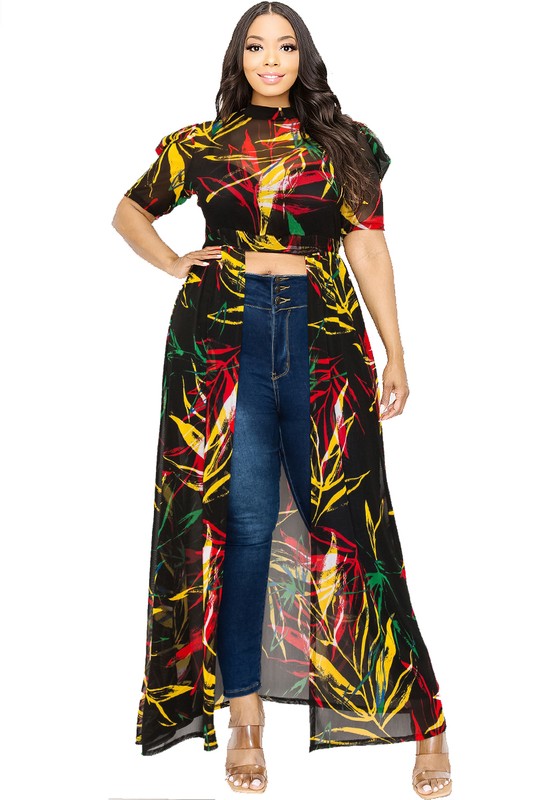 Plus Leaf Mesh Print See-through Maxi Dress