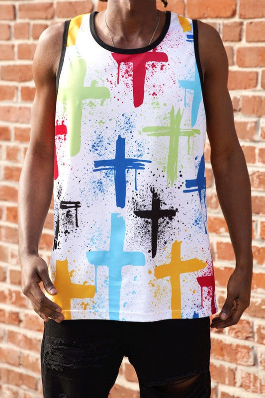 Victorious Cross Print Paint Tank Top Shirt
