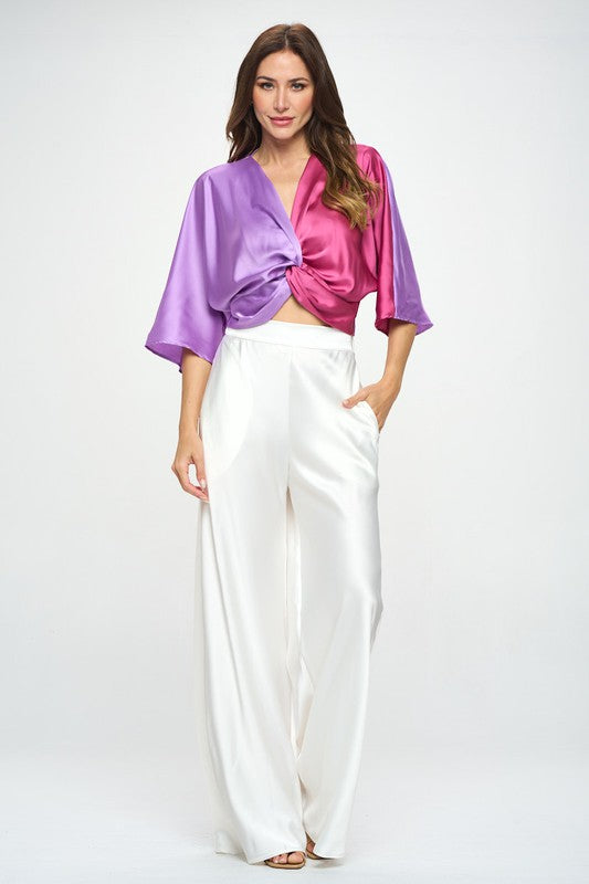 Satin Vibrant Short Sleeve Top with Front Twist