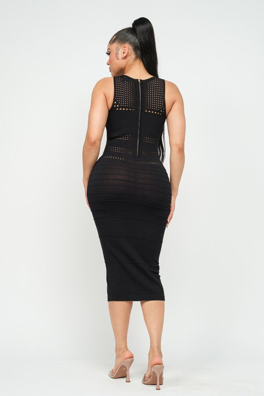 Women's Piping Pointelle Bodycon Midi Dress