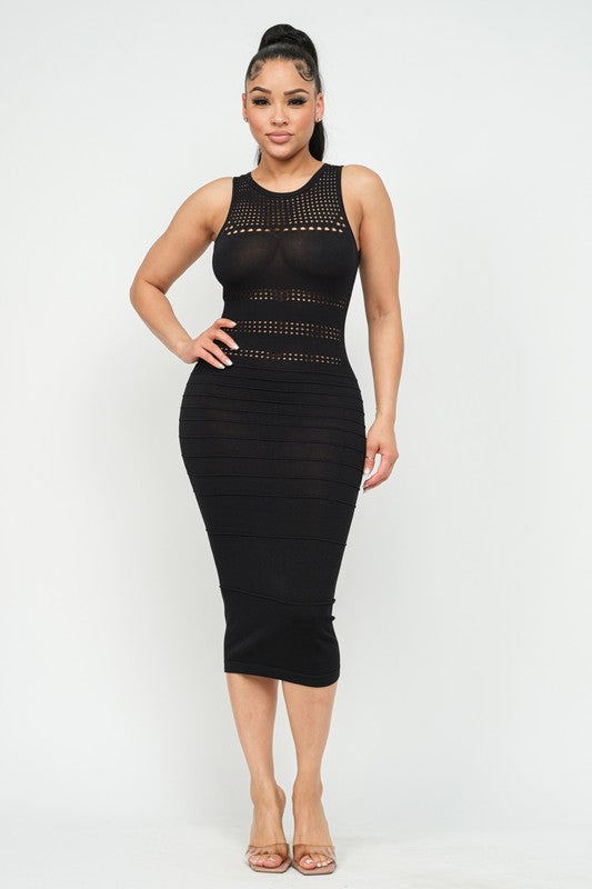 Women's Piping Pointelle Bodycon Midi Dress