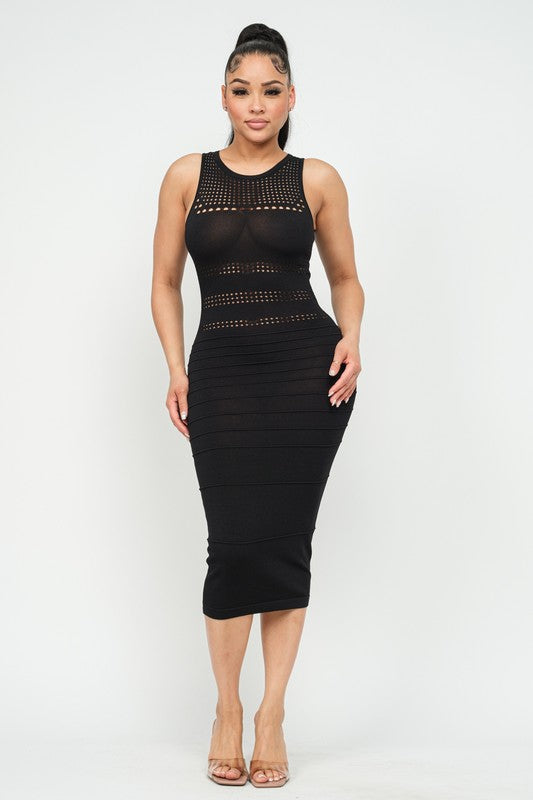 Women's Piping Pointelle Bodycon Midi Dress