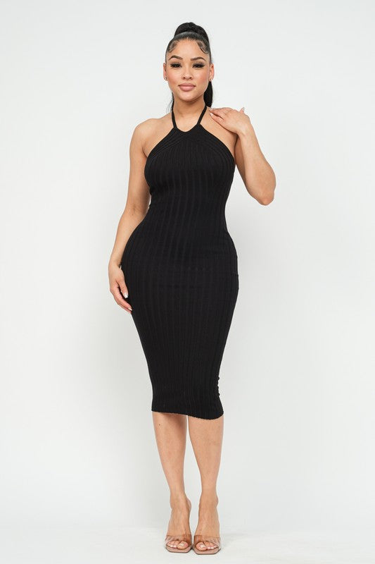 Wide Rib Halter Neck Midi Dress