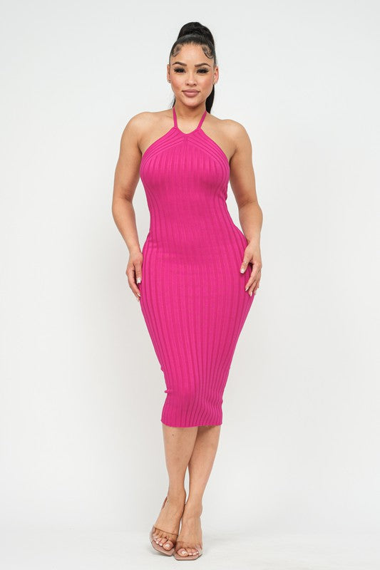 Wide Rib Halter Neck Midi Dress