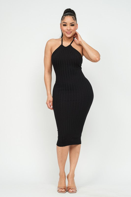 Wide Rib Halter Neck Midi Dress