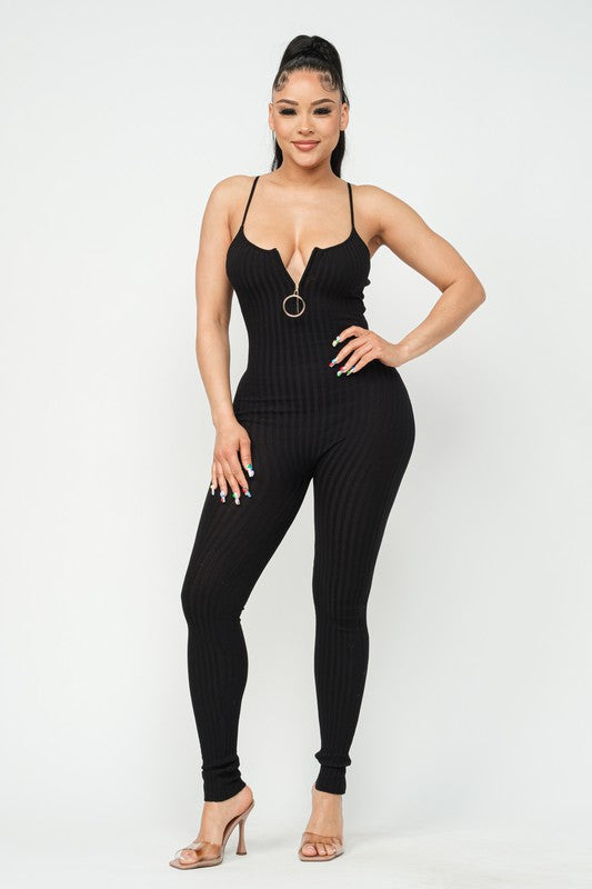 O- Ring Ribbed Zipper Tank Jumpsuit