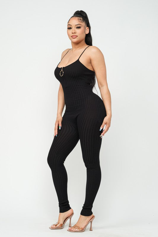 O- Ring Ribbed Zipper Tank Jumpsuit