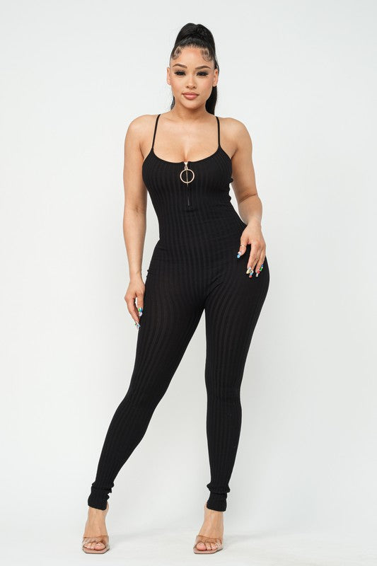 O- Ring Ribbed Zipper Tank Jumpsuit