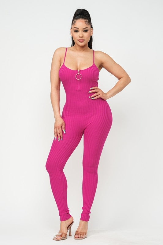 O- Ring Ribbed Zipper Tank Jumpsuit