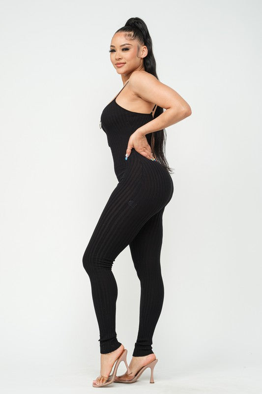 O- Ring Ribbed Zipper Tank Jumpsuit