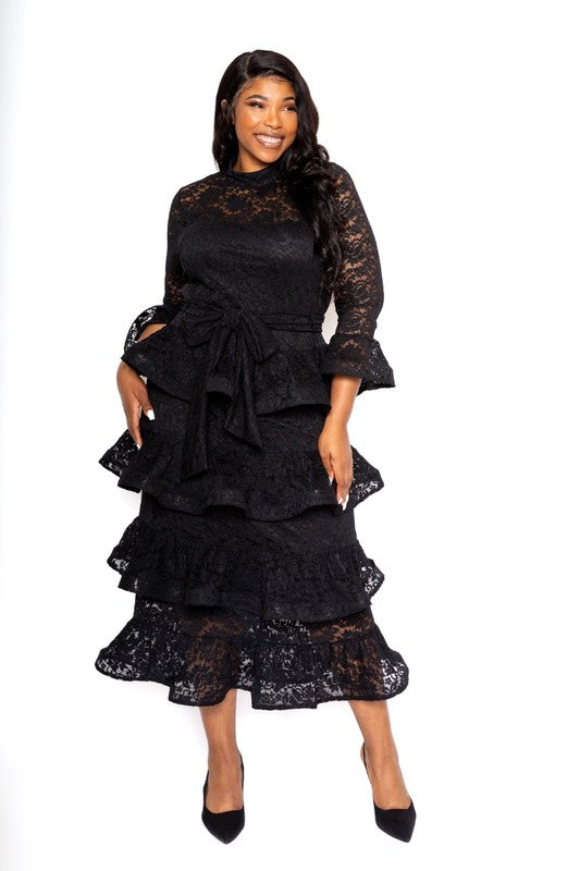 Plus Size Belted Tiered Lace Maxi Dress