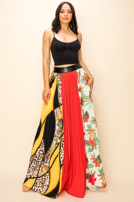 Women's Pleated Multi Print Maxi Skirt with Elastic Band