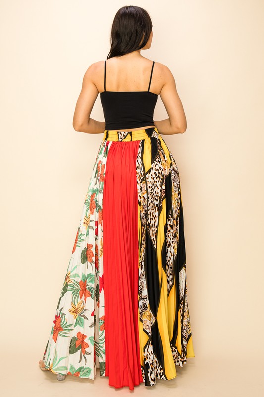 Women's Pleated Multi Print Maxi Skirt with Elastic Band