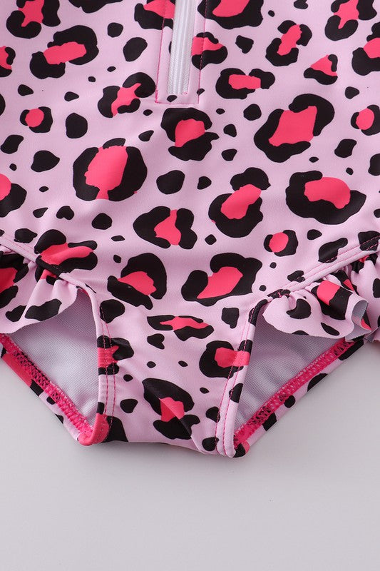 Girl's Pink Leopard Ruffle Swimsuit