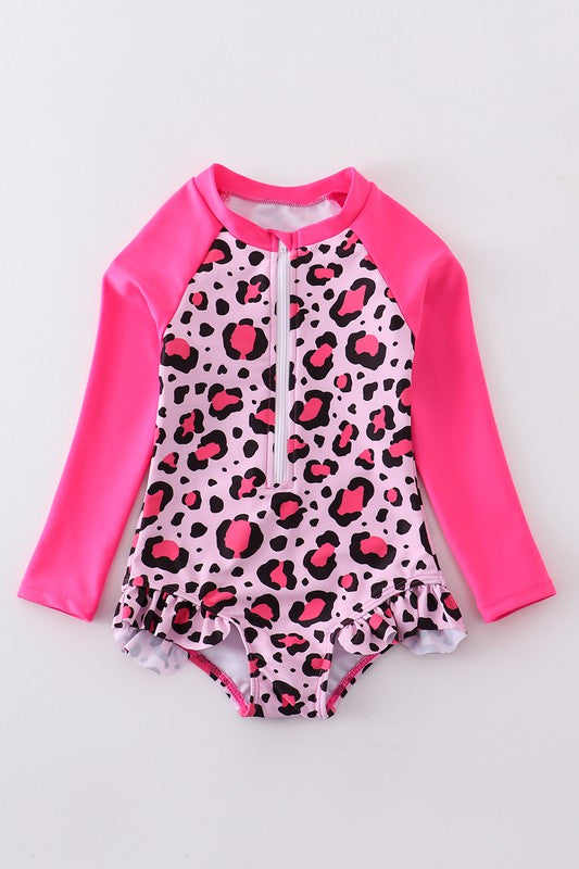 Girl's Pink Leopard Ruffle Swimsuit