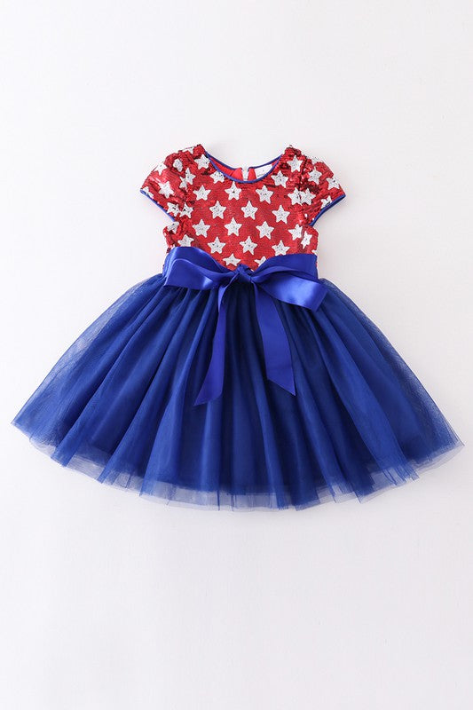 Girl's 4th of July Blue Sequin Star Dress