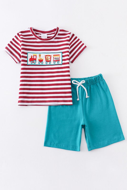 Boy's Red Stripe Train Graphic Top and Short Set