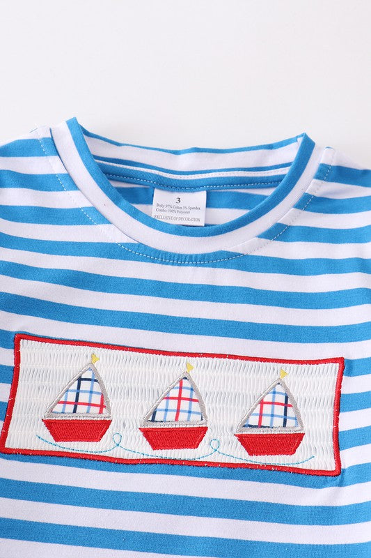 Boy's Blue Stripe Sailing Boat Two Piece Set