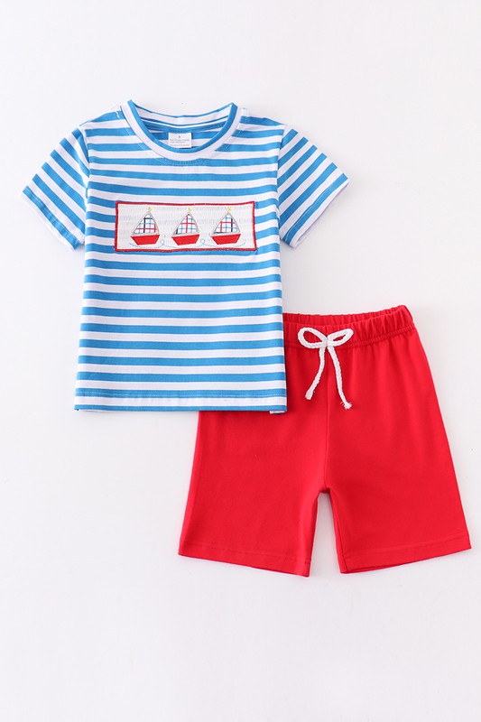 Boy's Blue Stripe Sailing Boat Two Piece Set