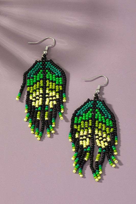 Boho seed bead feather drop earrings