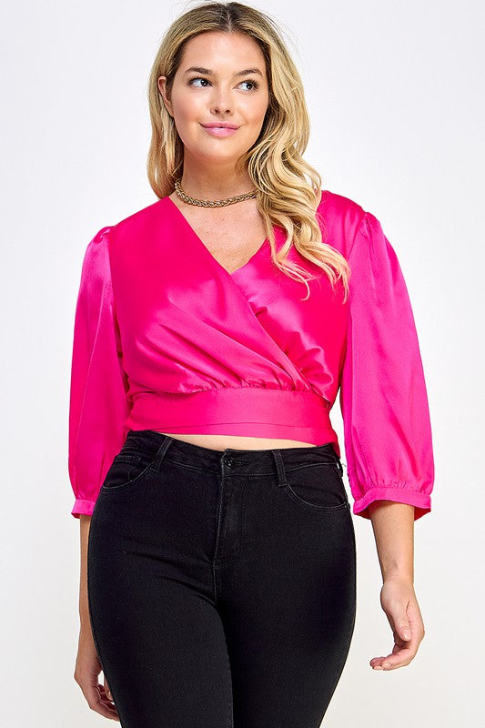 Plus Size Wrap around satin 3/4 Sleeve Top