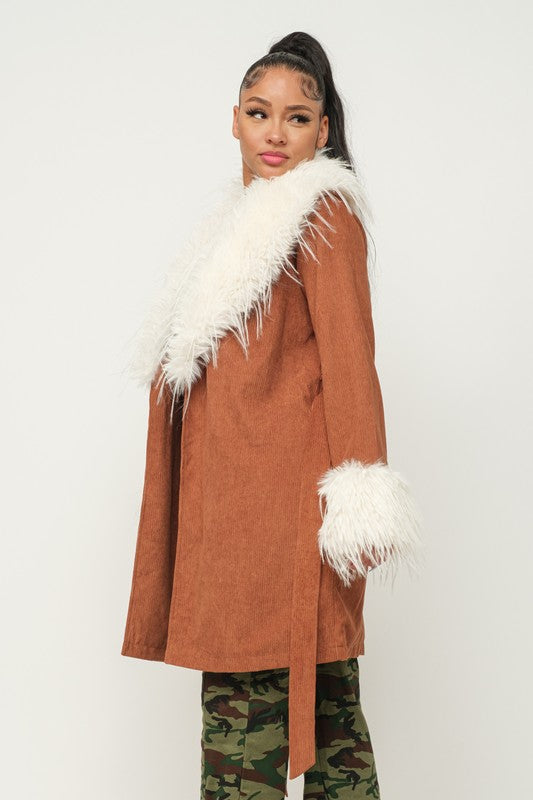 Corduroy Faux Fur Trimmed Fashion Coat