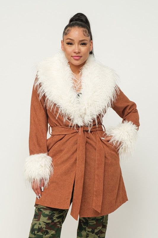 Corduroy Faux Fur Trimmed Fashion Coat