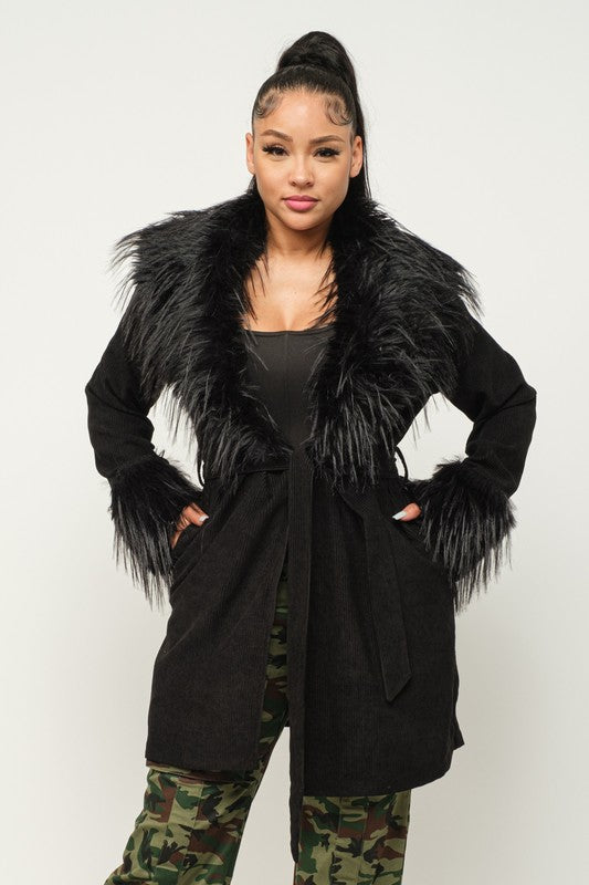 Corduroy Faux Fur Trimmed Fashion Coat